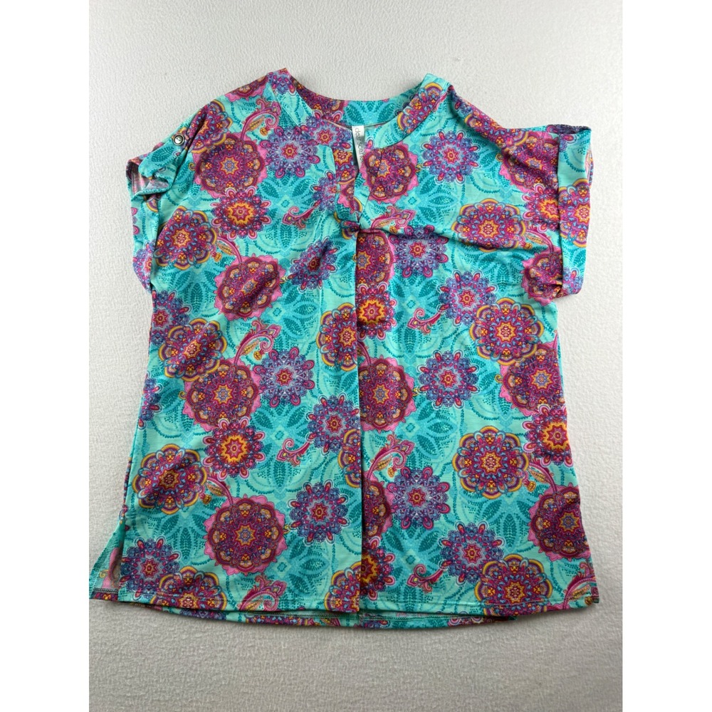 Dear Scarlett Womens Mandala Paisley Print Short Sleeve Top Turquoise Large NEW